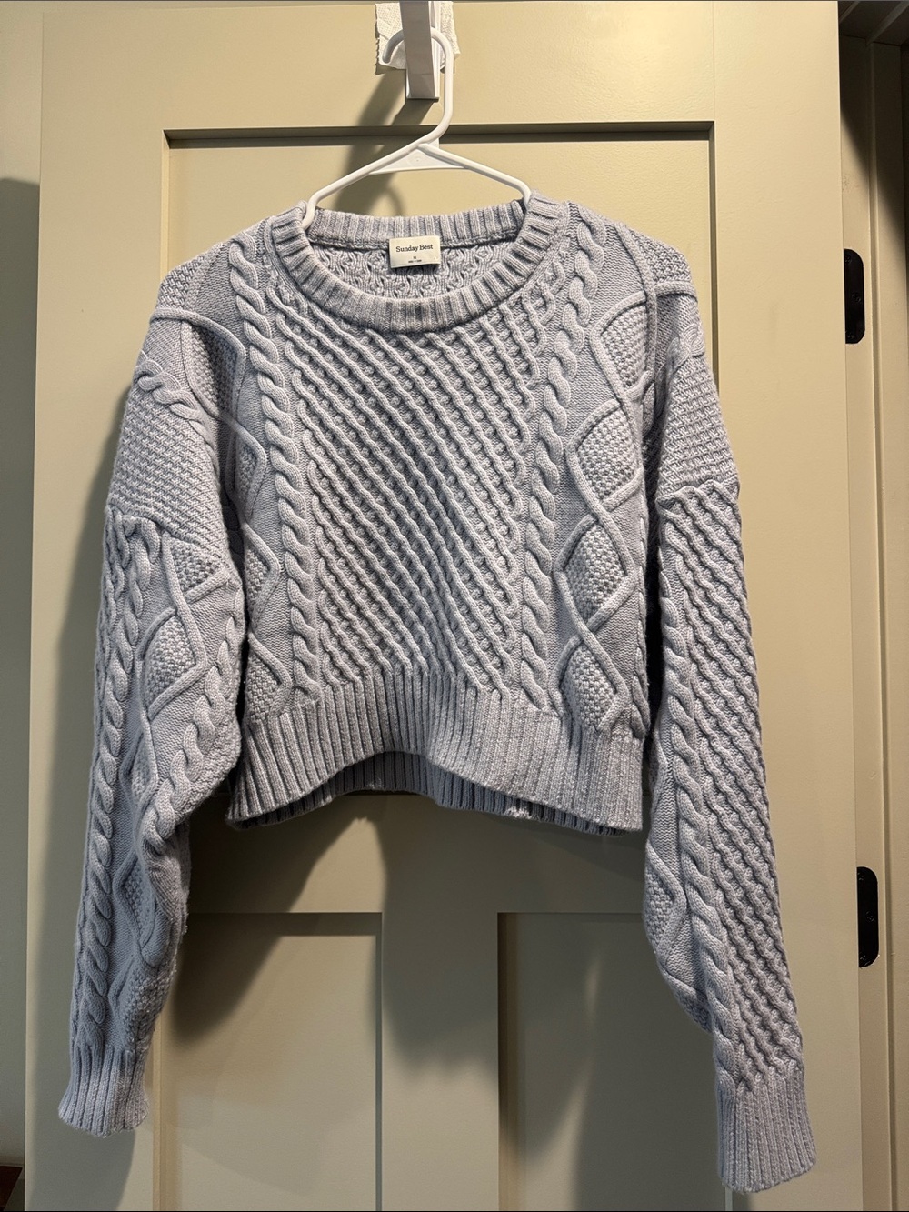 Aritzia Light Blue Cable Knit Cropped Crew Sweater